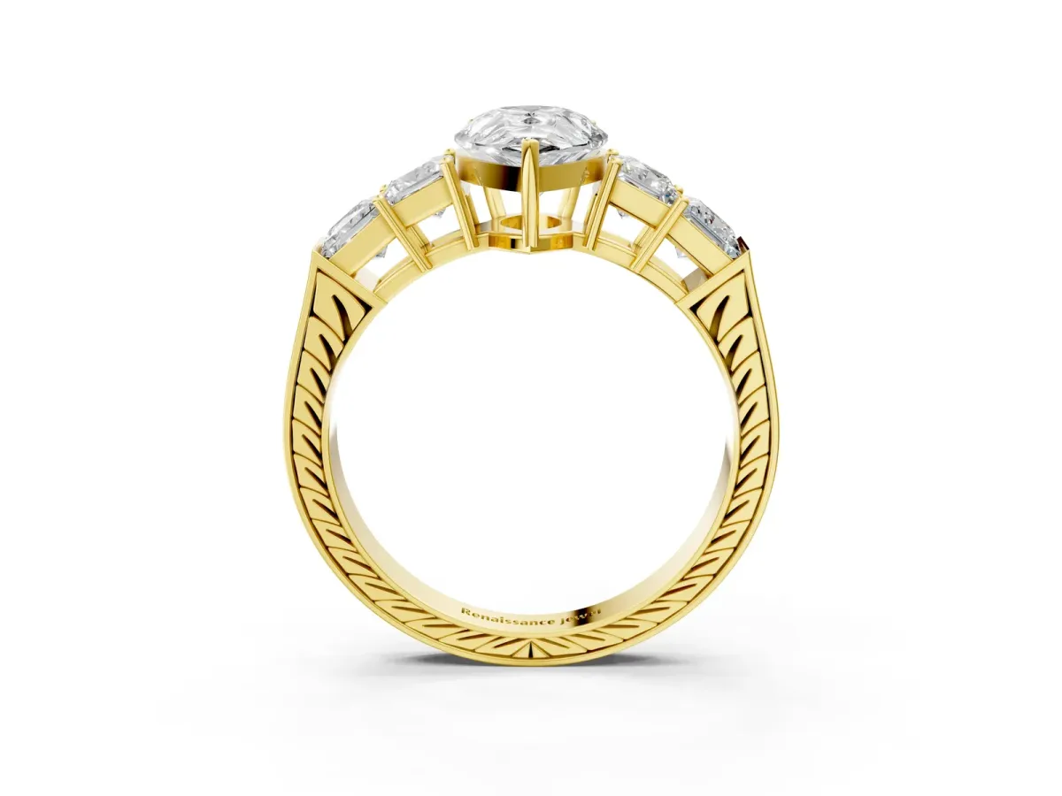 Pear Cut Solitaire Princess Side Stone Engraved Band Prong Setting Ring Yellow gold