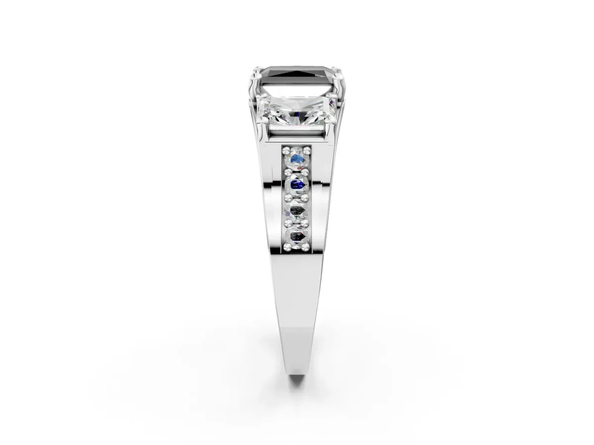 Fancy Black Radiant Cut Diamond Three-Stone Ring with Channel Set Band and Four-Prong Setting Platinum