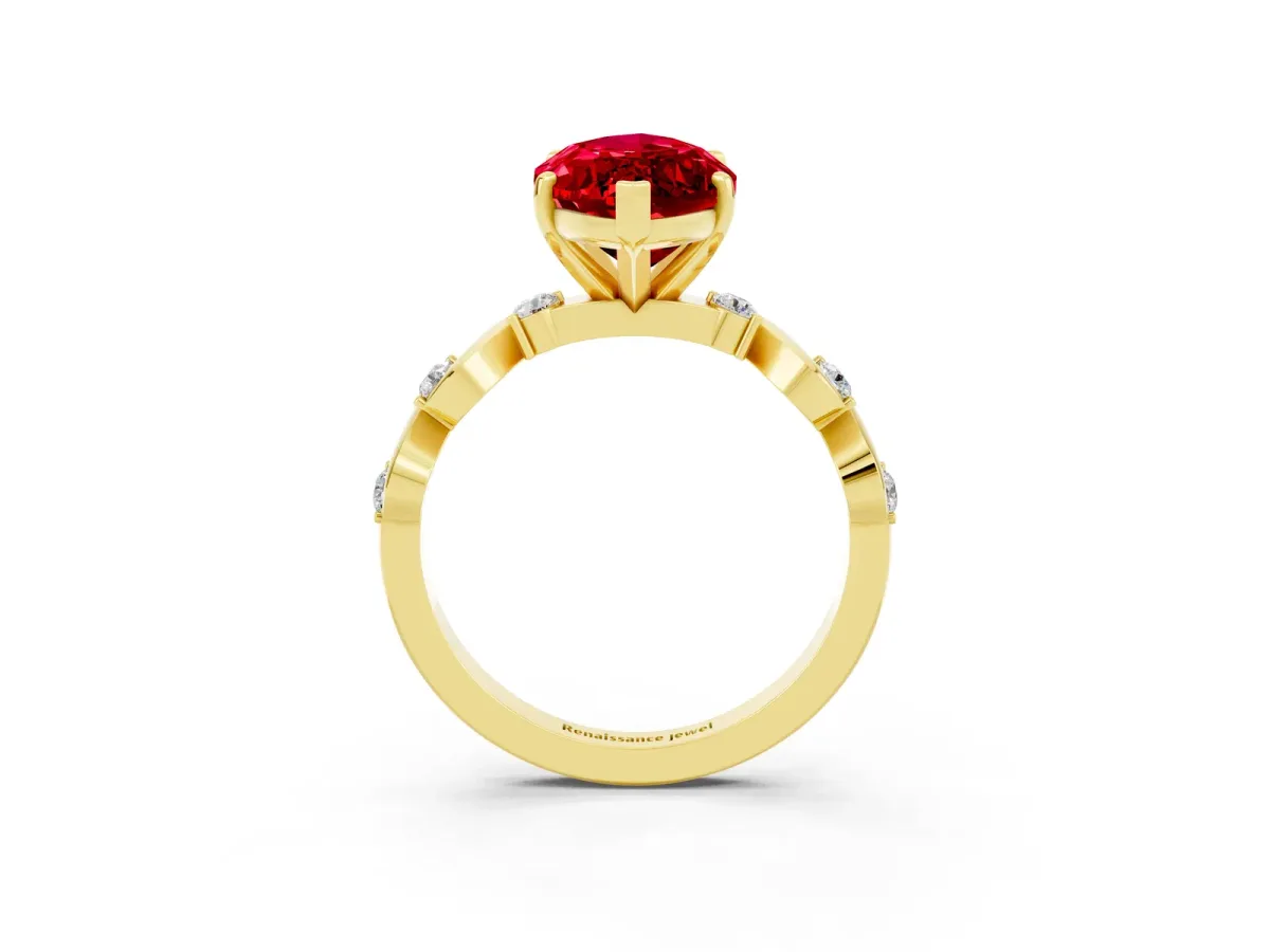 Marquise Cut Ruby Solitaire Twisted Band with Round Accents and Prong Setting Yellow gold