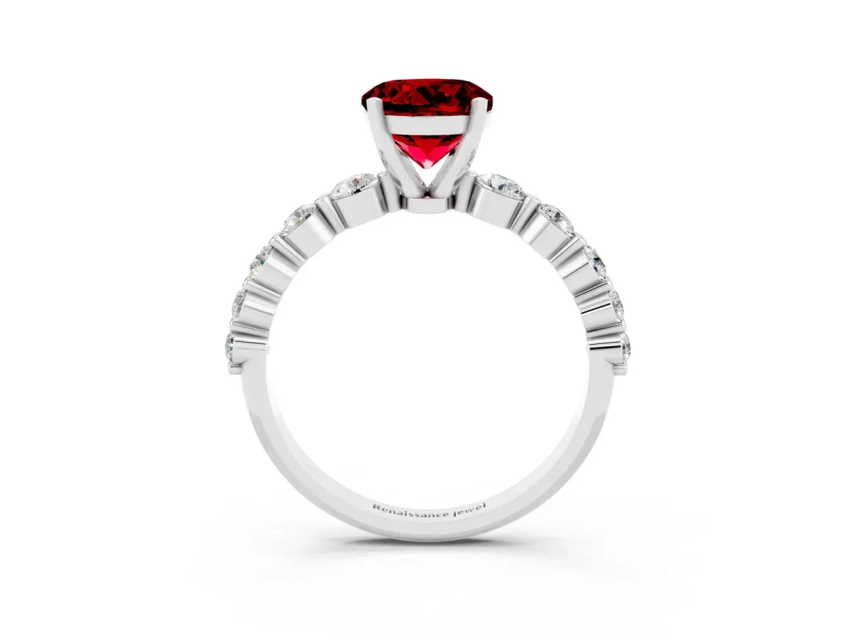 Round Cut Solitaire Ruby Ring with Pave Band and Four-Prong Setting Platinum