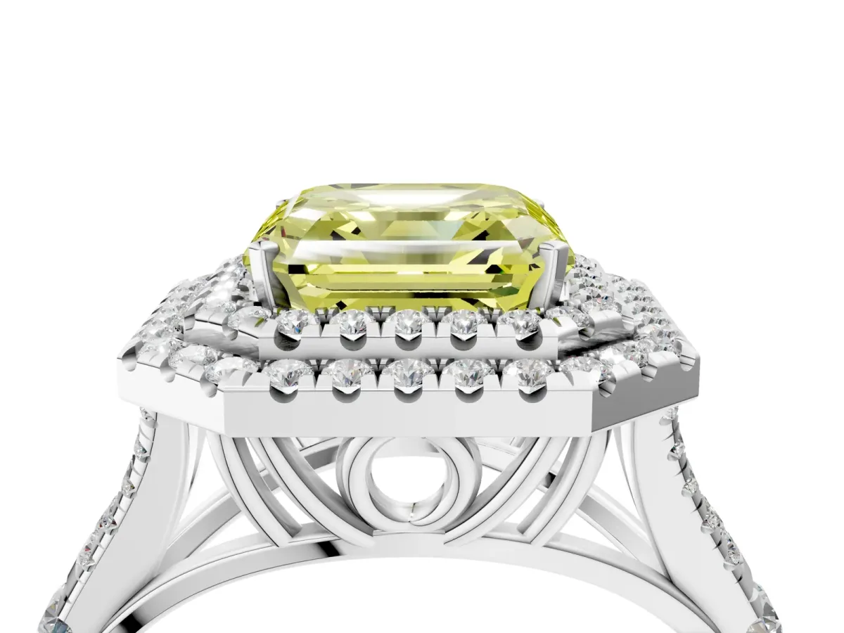 Fancy Yellow Asscher Cut Diamond Double Halo Ring with Split Shank and Prong Setting Silver