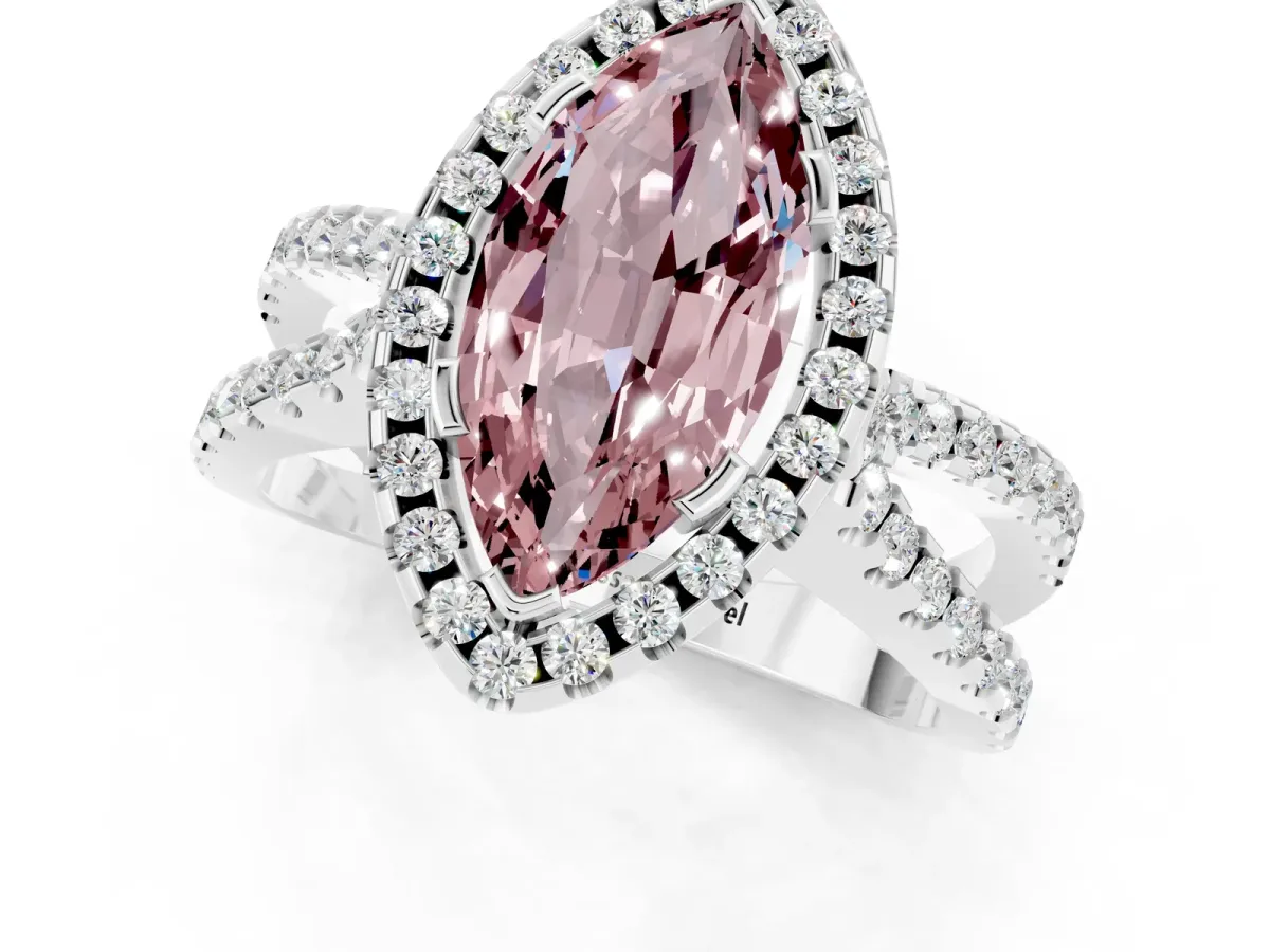 Marquise Cut Morganite Halo Ring with Split Shank Pavé Band and Prong Setting Silver