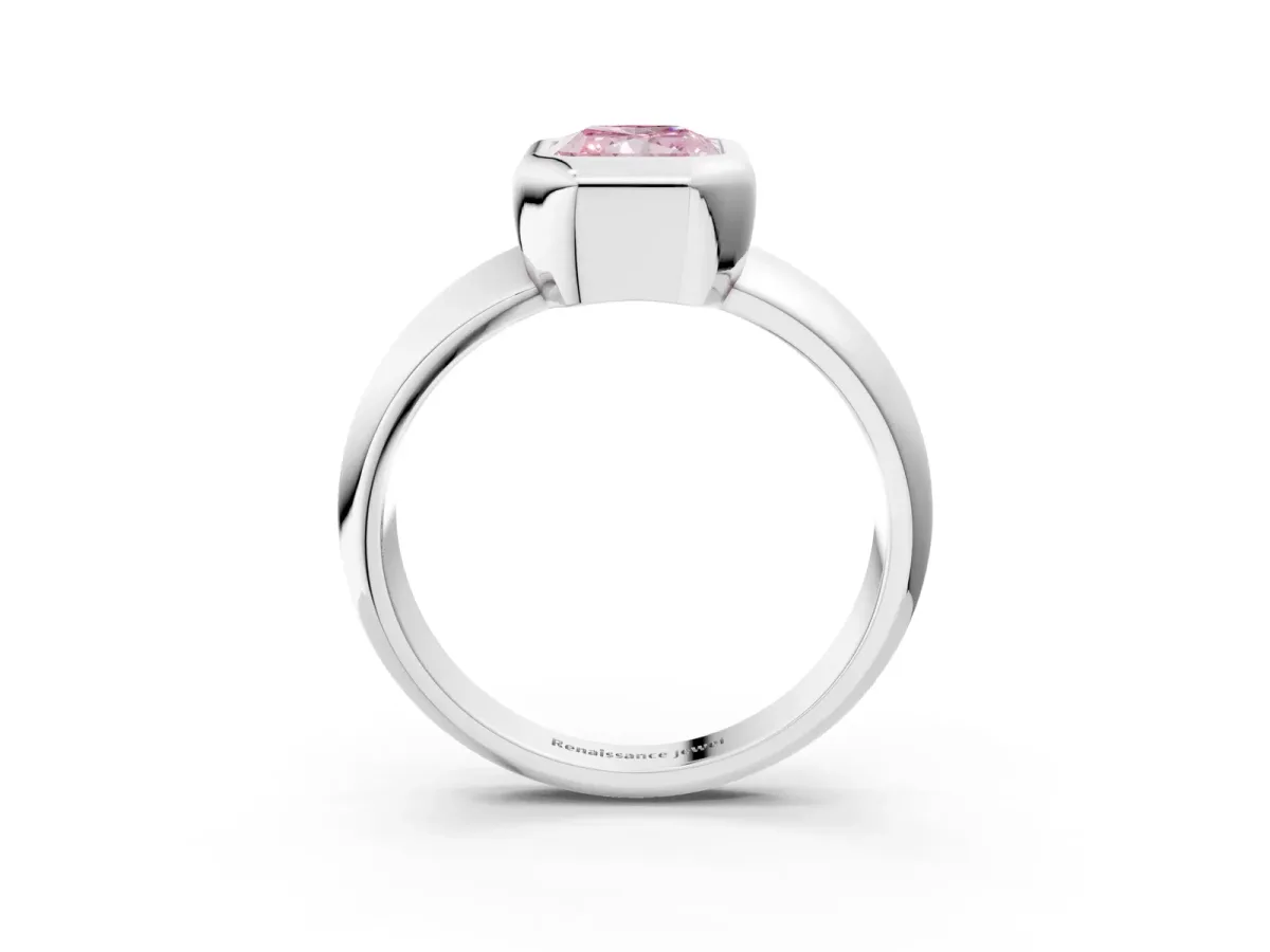 Fancy Pink Bezel Set Radiant Cut Solitaire Ring with Wide Band Platinum
