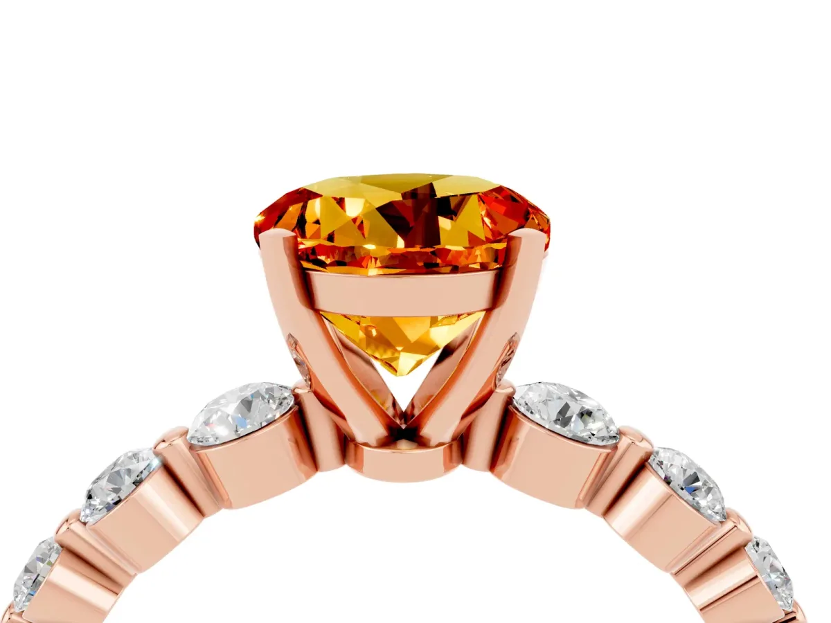 Round Cut Solitaire Citrine Ring with Pave Band and Four-Prong Setting Rose gold