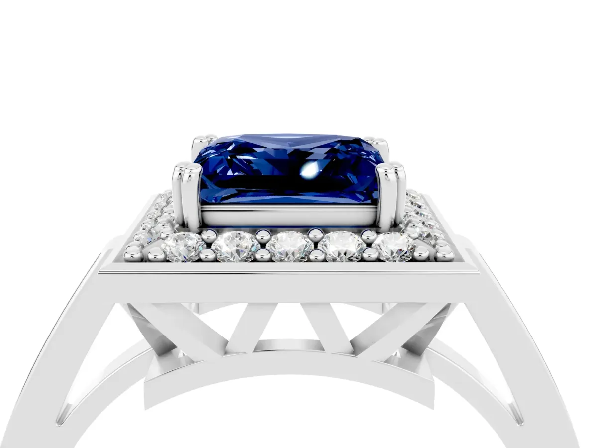 Princess Cut Blue Sapphire Halo Ring with Split Shank and Four-Prong Setting Platinum