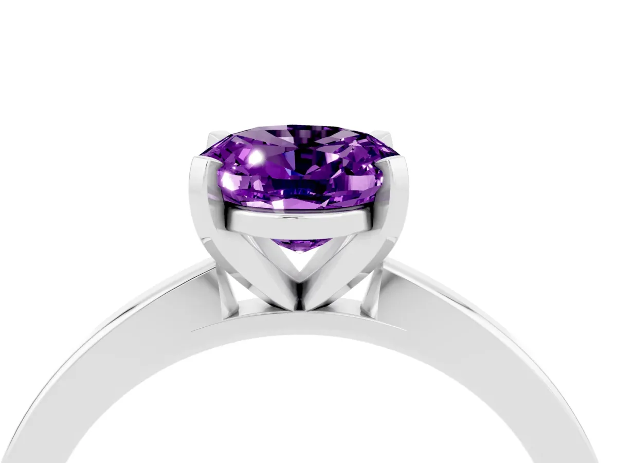 Oval Cut Amethyst Solitaire Engagement Ring with Classic Band and Four-Prong Setting Silver