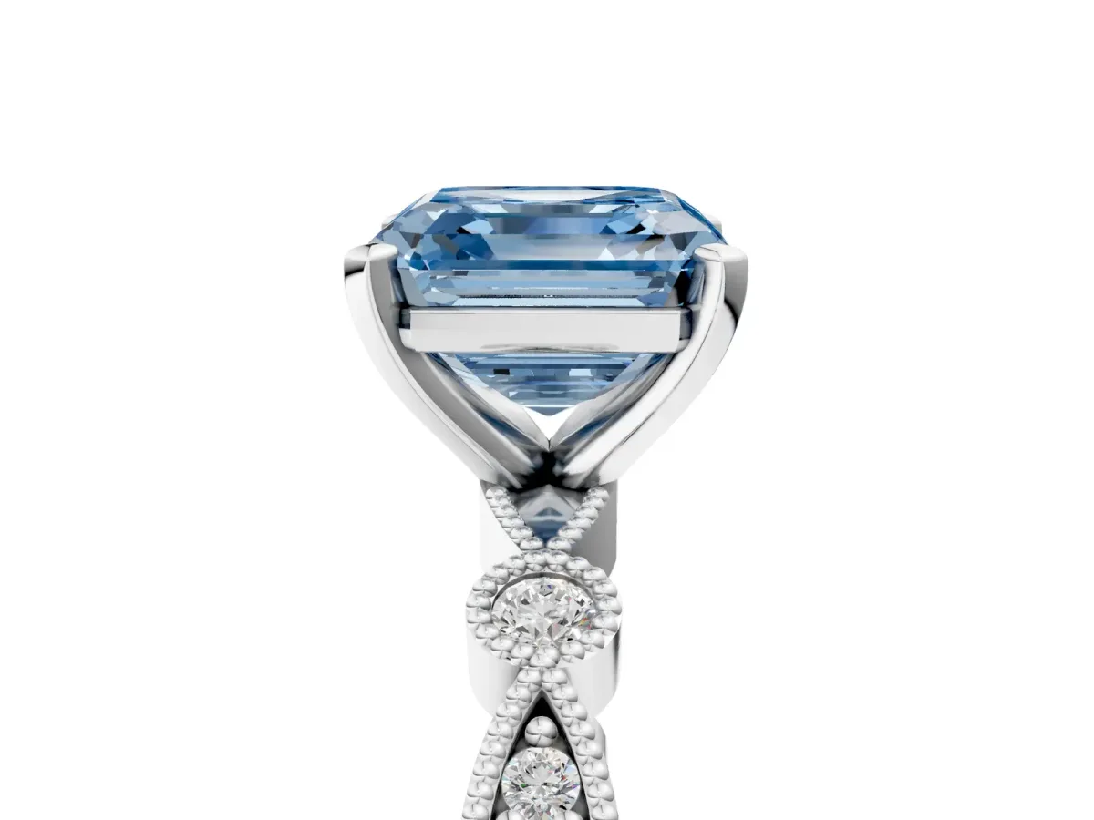 Fancy Blue Asscher Cut Milgrain Bezel Diamond Engagement Ring with Solitaire Prong Setting Platinum