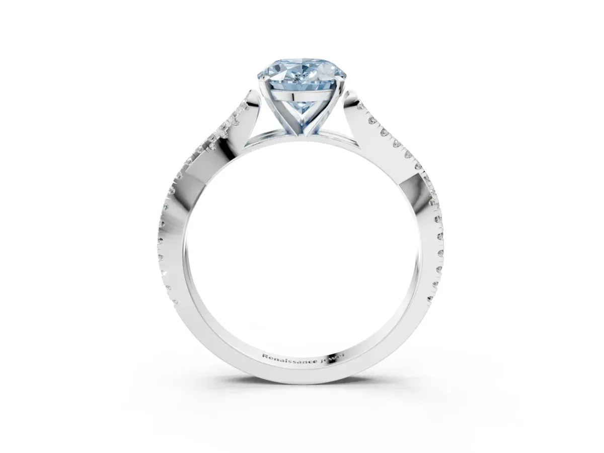 Fancy Blue Oval Cut Diamond Solitaire Engagement Ring with Twisted Pavé Band and Four-Prong Setting Silver