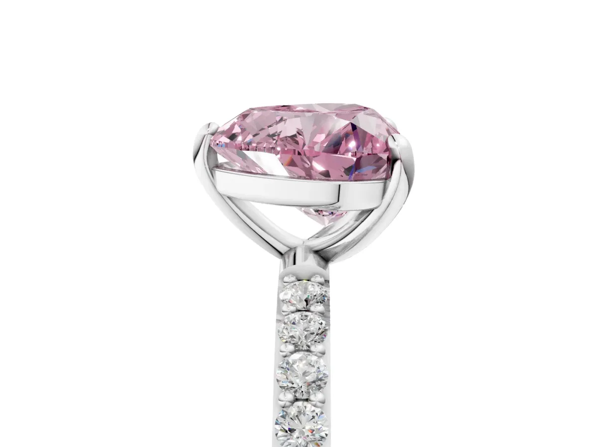 Fancy Pink Heart Cut Diamond Solitaire Ring with Round Pavé Band and Prong Setting Silver