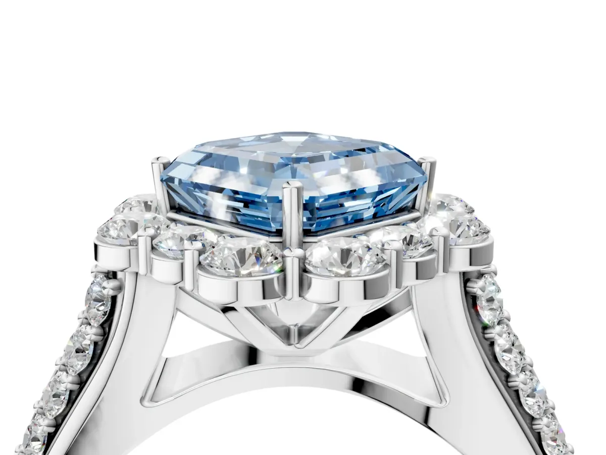 Fancy Blue Asscher Cut Halo Diamond Engagement Ring with Split Shank and Prong Setting Platinum