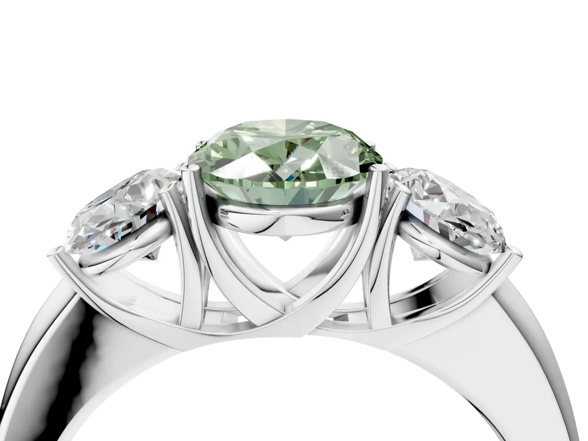 Fancy Green Oval Cut Diamond Three-Stone Ring with Four-Prong Setting and Classic Band White gold