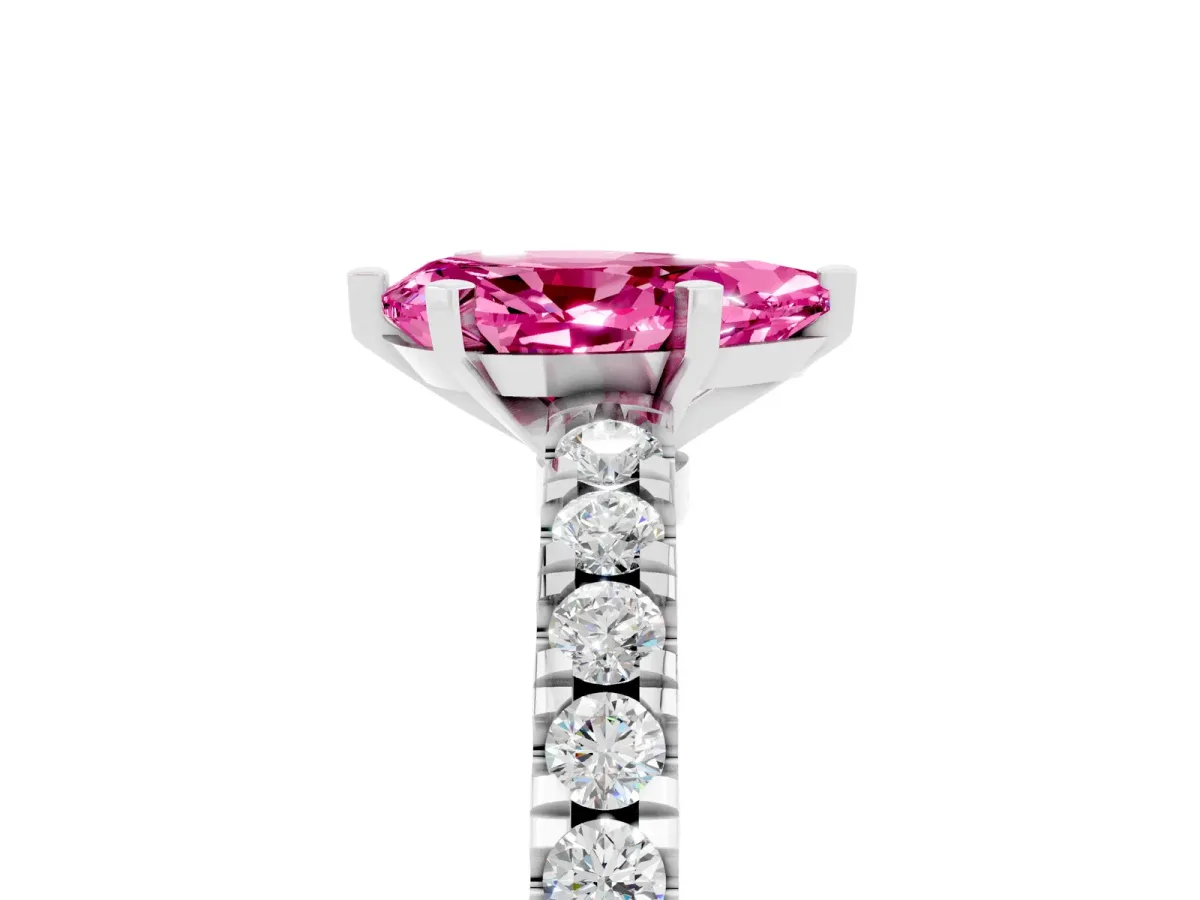Pear Cut Solitaire Pink Sapphire with Pavé Band and Four-Prong Setting Silver