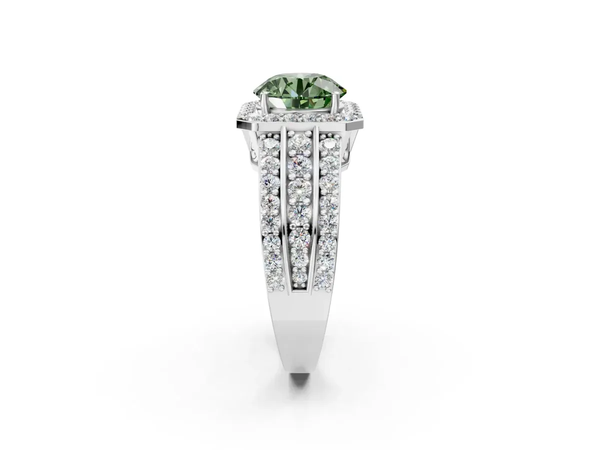 Fancy Green Round Cut Halo Diamond Ring with Round Split Shank and Prong Setting Platinum