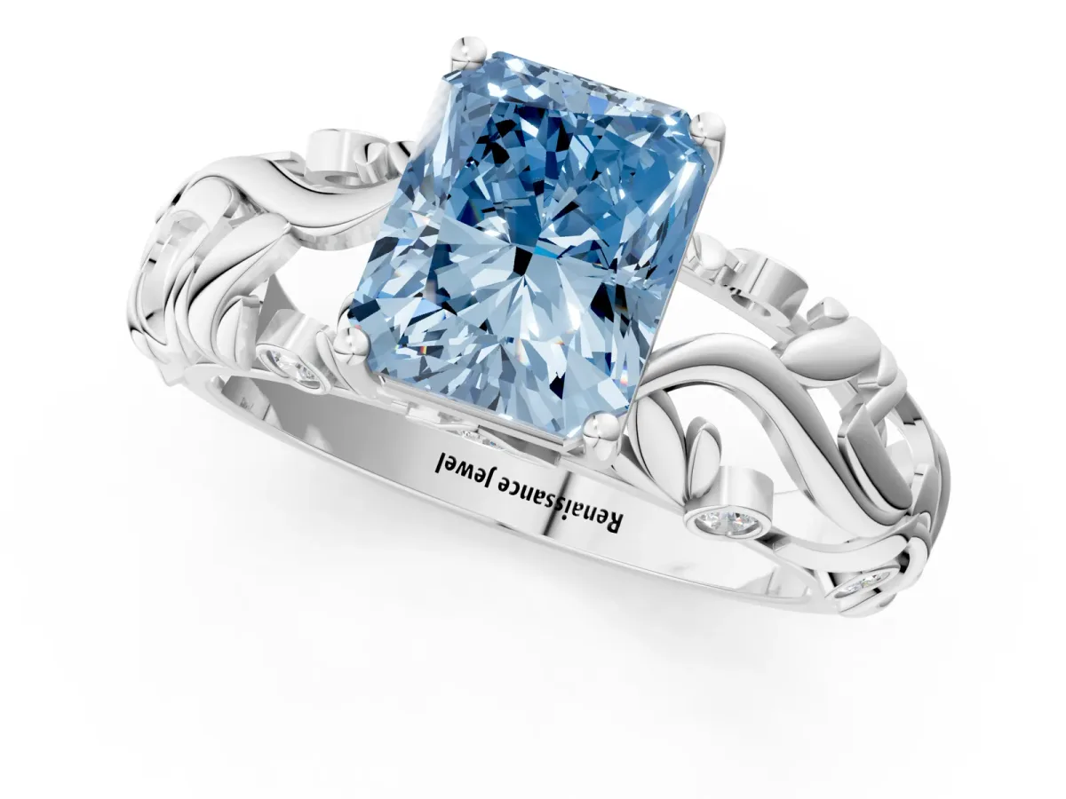 Fancy Blue Radiant Cut Solitaire Diamond Leaf-Inspired Vine Band Ring with Prong Setting Platinum