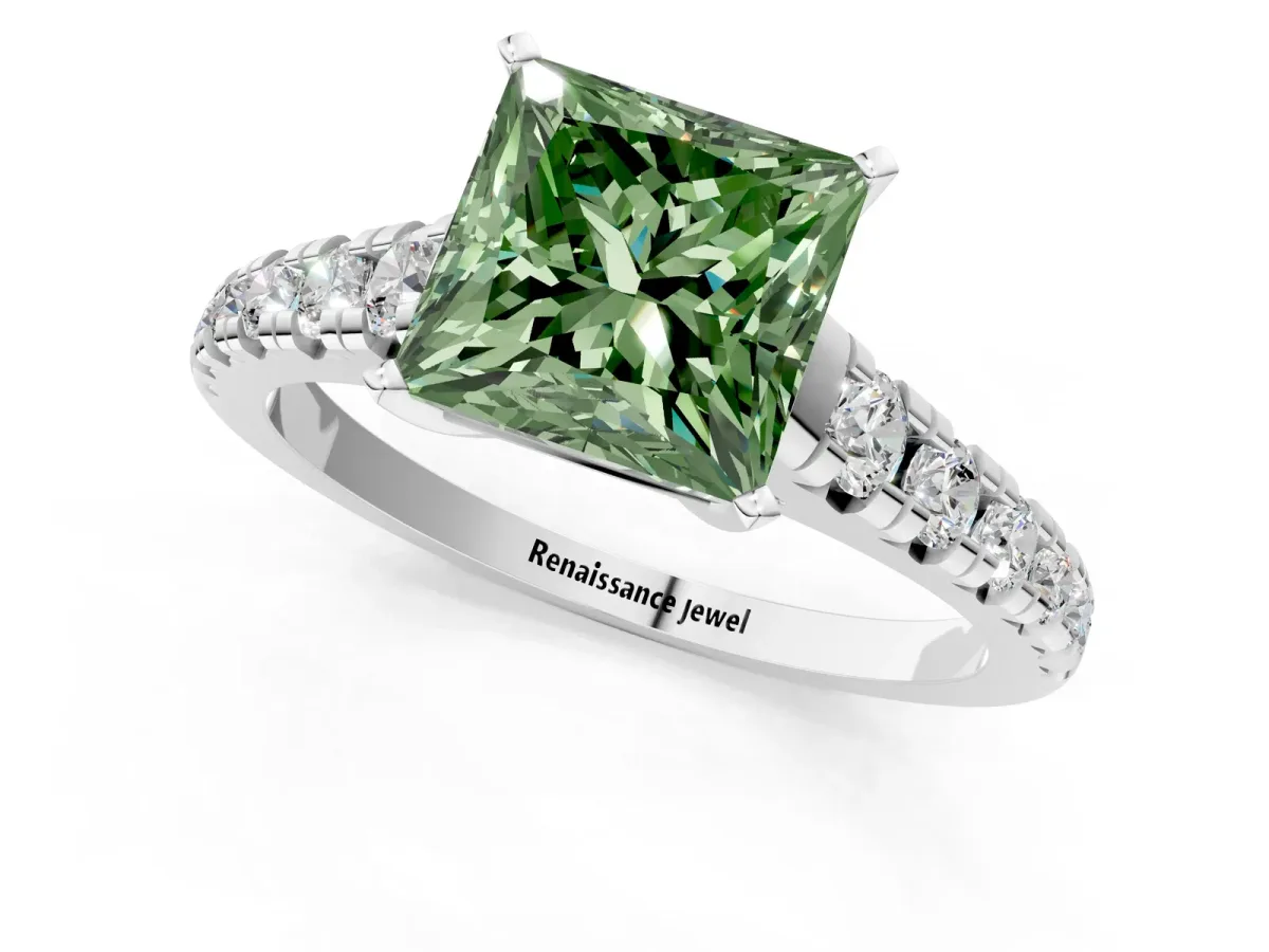 Fancy Green Princess Cut Diamond Cathedral Solitaire Ring with Round Pavé Band Silver