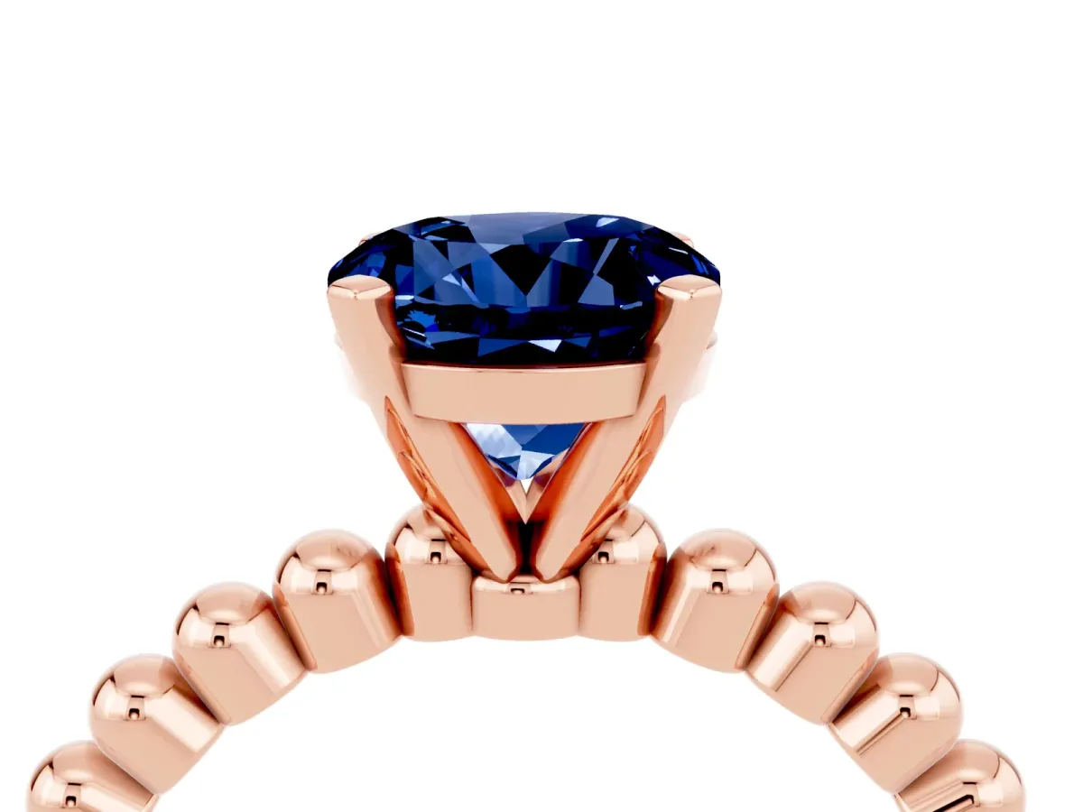 Round Cut Blue Sapphire Solitaire Ring with Beaded Band and Prong Setting Rose gold