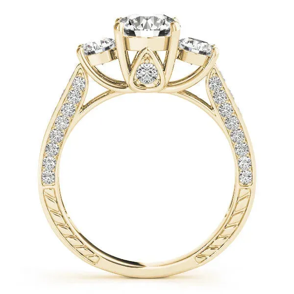 Three-Stone Round Cut Cut Diamond Engagement Ring with Split Shank and Prong Setting Yellow gold