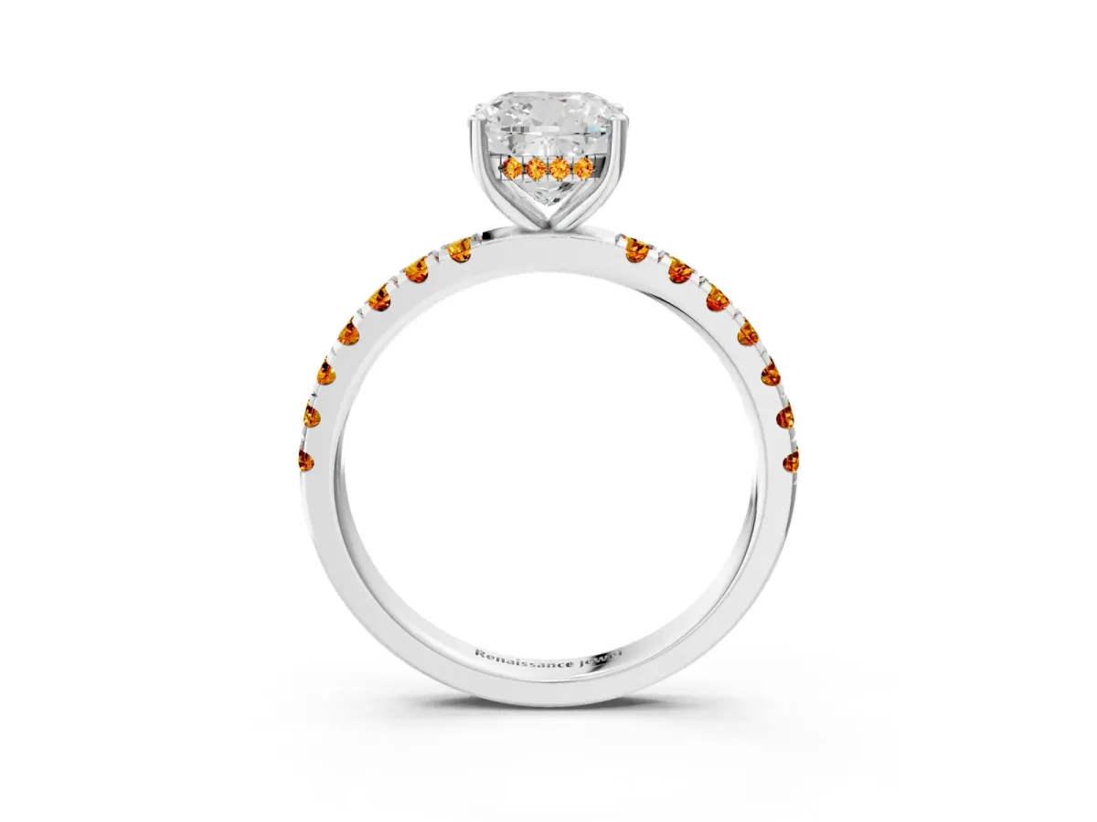 Cushion Cut Diamond Pave Band Solitaire Ring with Round Citrine and Prong Setting Platinum