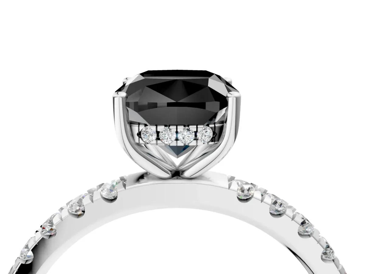 Fancy Black Cushion Cut Diamond Pave Band Solitaire Ring with Round and Prong Setting Silver
