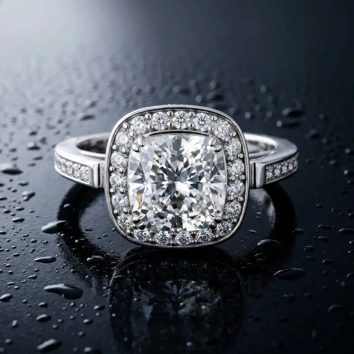 Cushion Cut Diamond Halo Ring with Split Shank and Four-Prong Setting White gold
