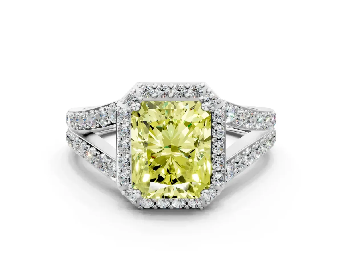 Fancy Yellow Radiant Cut Diamond Split Shank Halo Ring with Four-Prong Setting Platinum