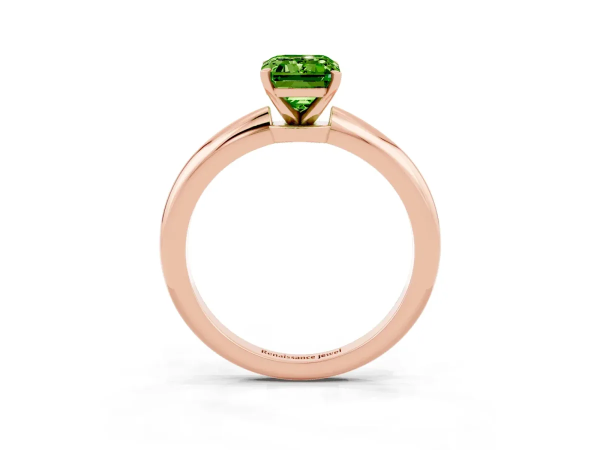 Emerald Cut Peridot Solitaire Ring with Six-Prong Setting and Classic Band Rose gold