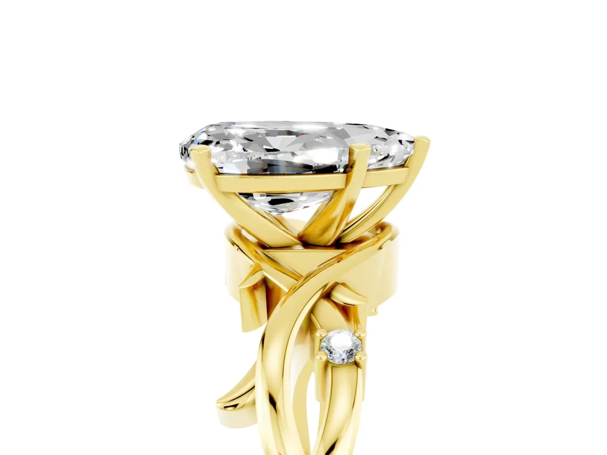 Pear Cut Moissanite Solitaire Ring with Twisted Band and Prong Setting Yellow gold