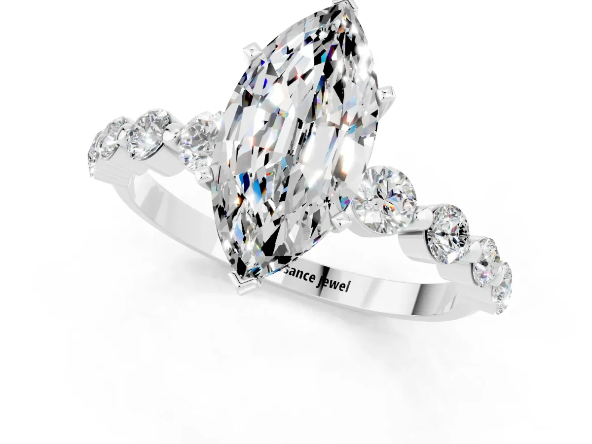 Marquise Cut Solitaire Moissanite Ring with Pave Band and Four-Prong Setting Silver