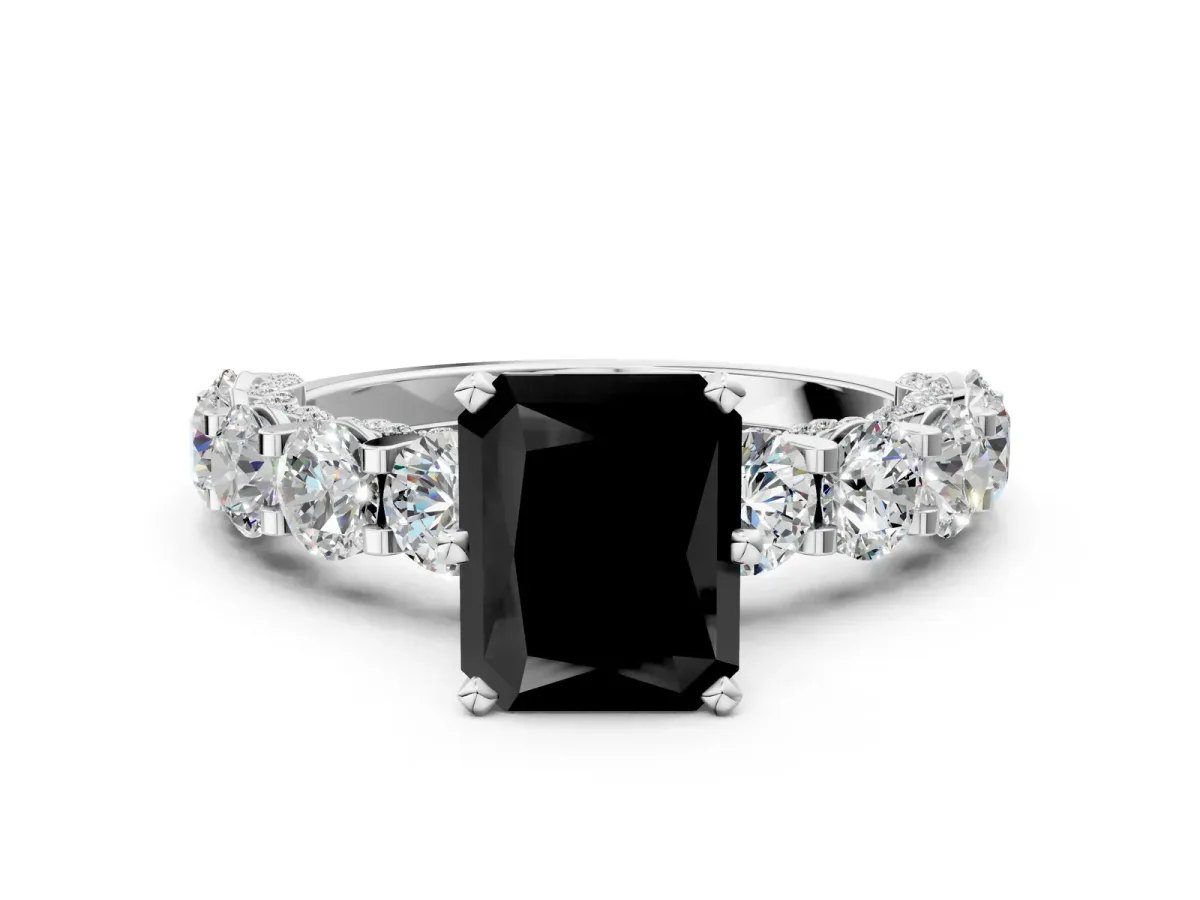 Fancy Black Radiant Cut Diamond Side Stone Engagement Ring with Four-Prong Setting White gold