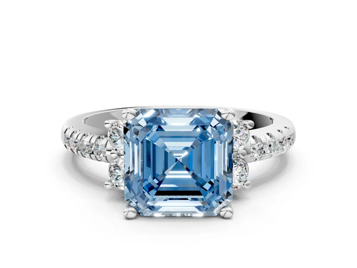 Fancy Blue Asscher Cut Diamond Three-Stone Pave Band with Four-Prong Setting Platinum