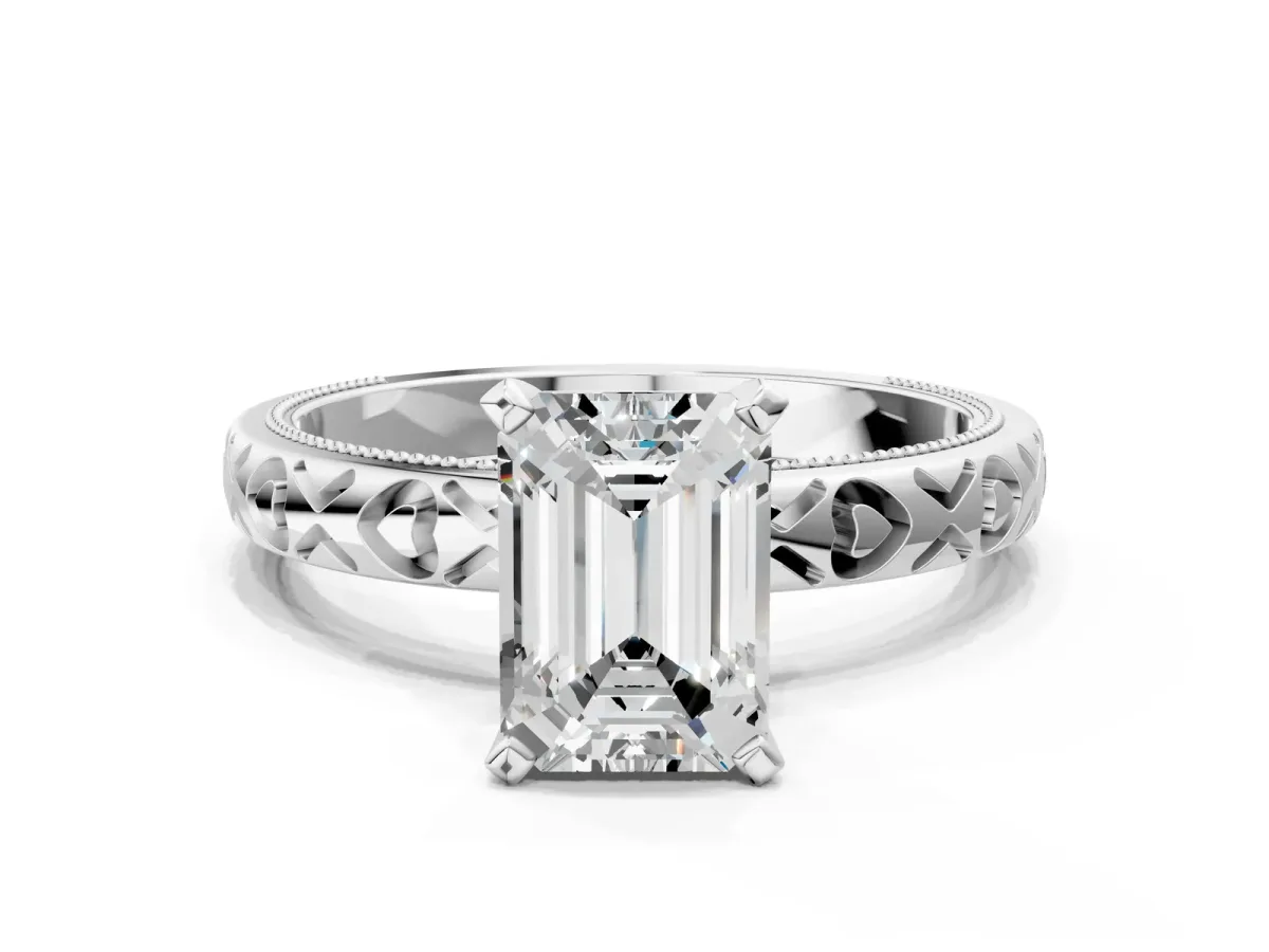 Emerald Cut Solitaire Diamond Engagement Ring with XO Engraved Band and Four-Prong Setting Platinum
