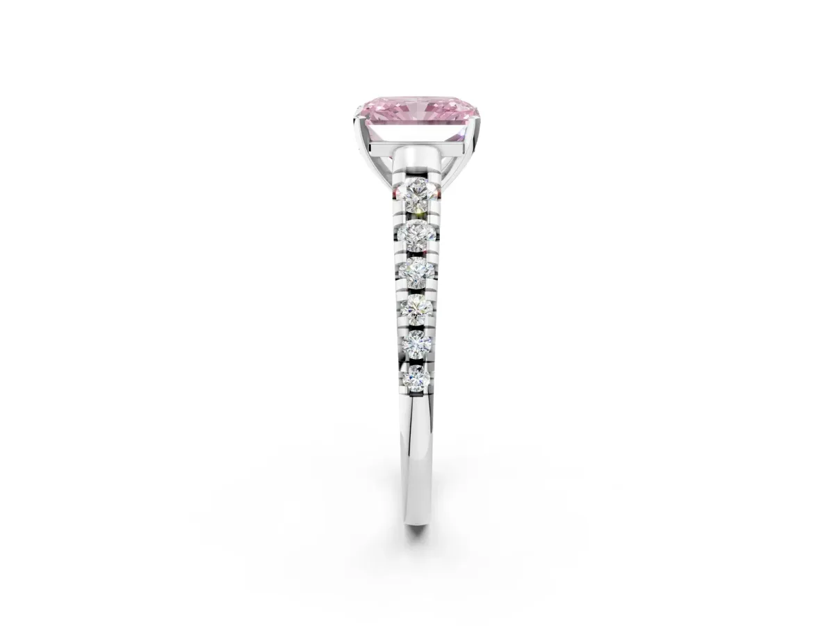 Fancy Pink Radiant Cut Diamond Cathedral Solitaire Ring with Round Pavé Band Silver