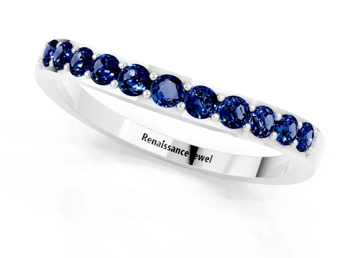 Round Blue Sapphire Curved Wedding Band with Channel Setting Silver