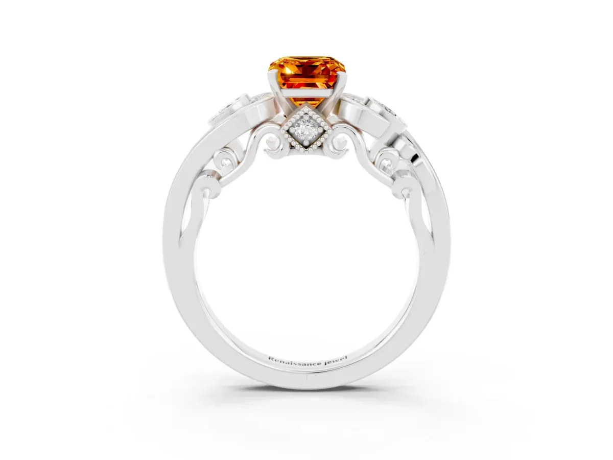 Emerald Cut Citrine Solitaire Ring with Milgrain Pavé Band and Four-Prong Setting Silver
