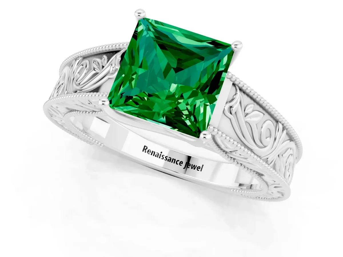 Princess Cut Emerald Solitaire Ring with Engraved Band and Four-Prong Setting White gold