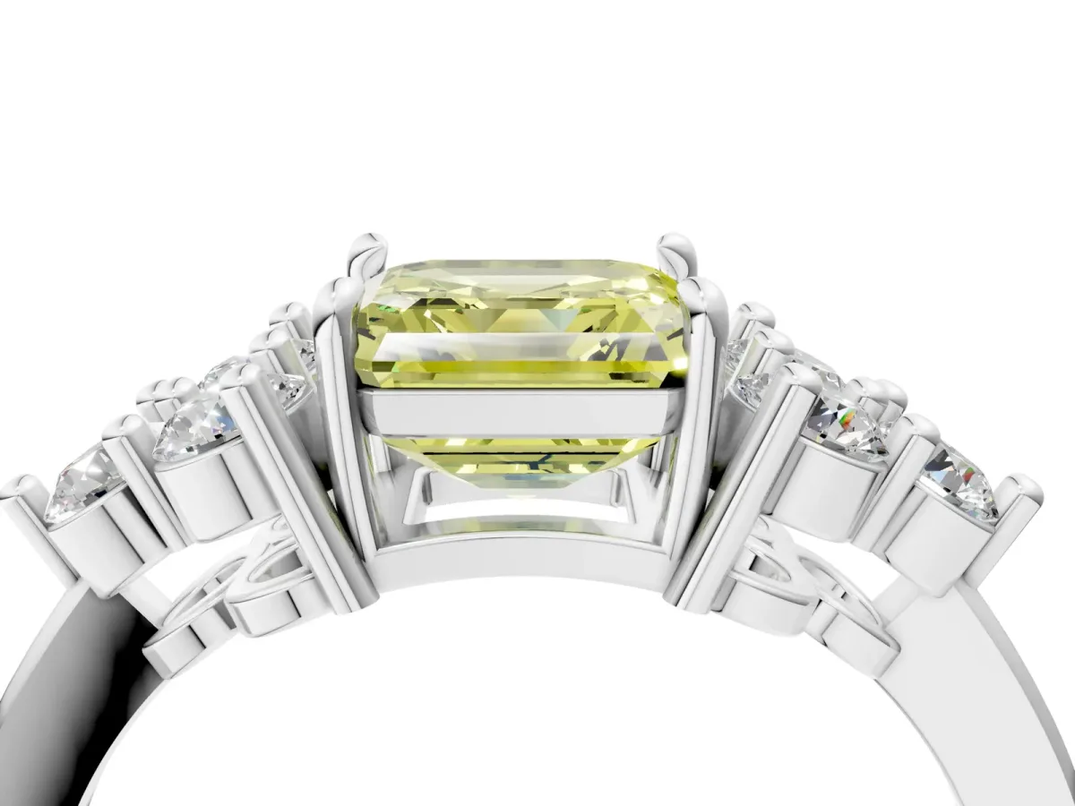Fancy Yellow Asscher Cut Brilliant Diamond Cluster Accent Solitaire Ring with Prong Setting Platinum