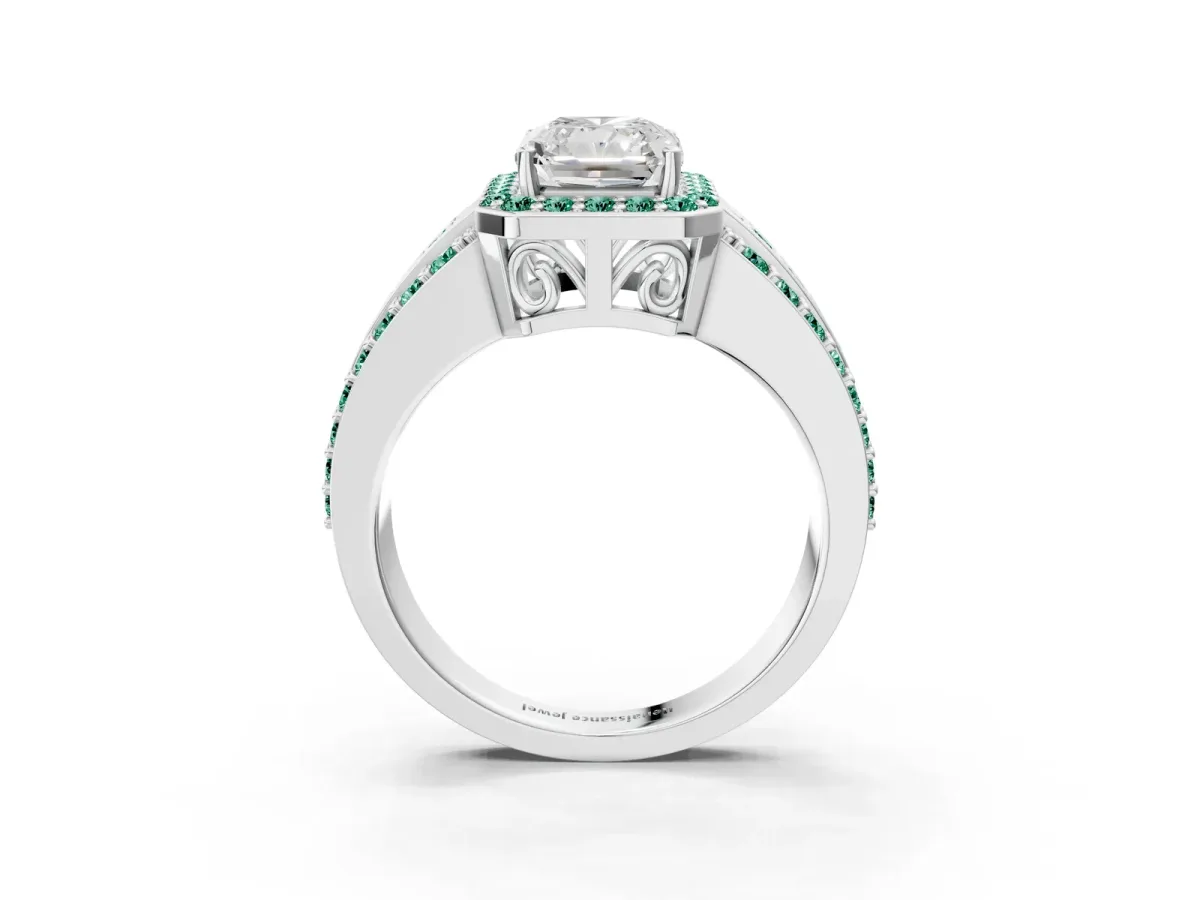 Radiant Cut Halo Diamond Ring with Round Green Sapphire Split Shank and Prong Setting Silver