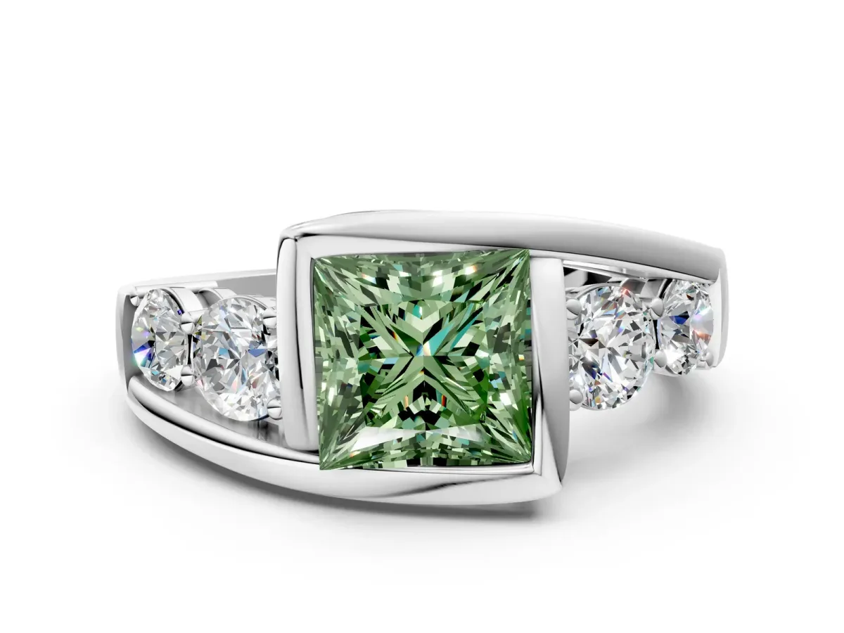 Fancy Green Bezel Set Princess Cut Diamond Bypass Ring with Round Accents Silver