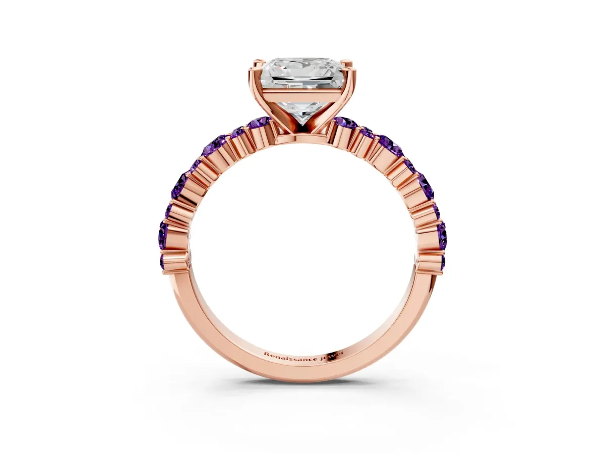 Princess Cut Diamond Side Stone Solitaire Ring with Round Amethyst and Four-Prong Setting Rose gold