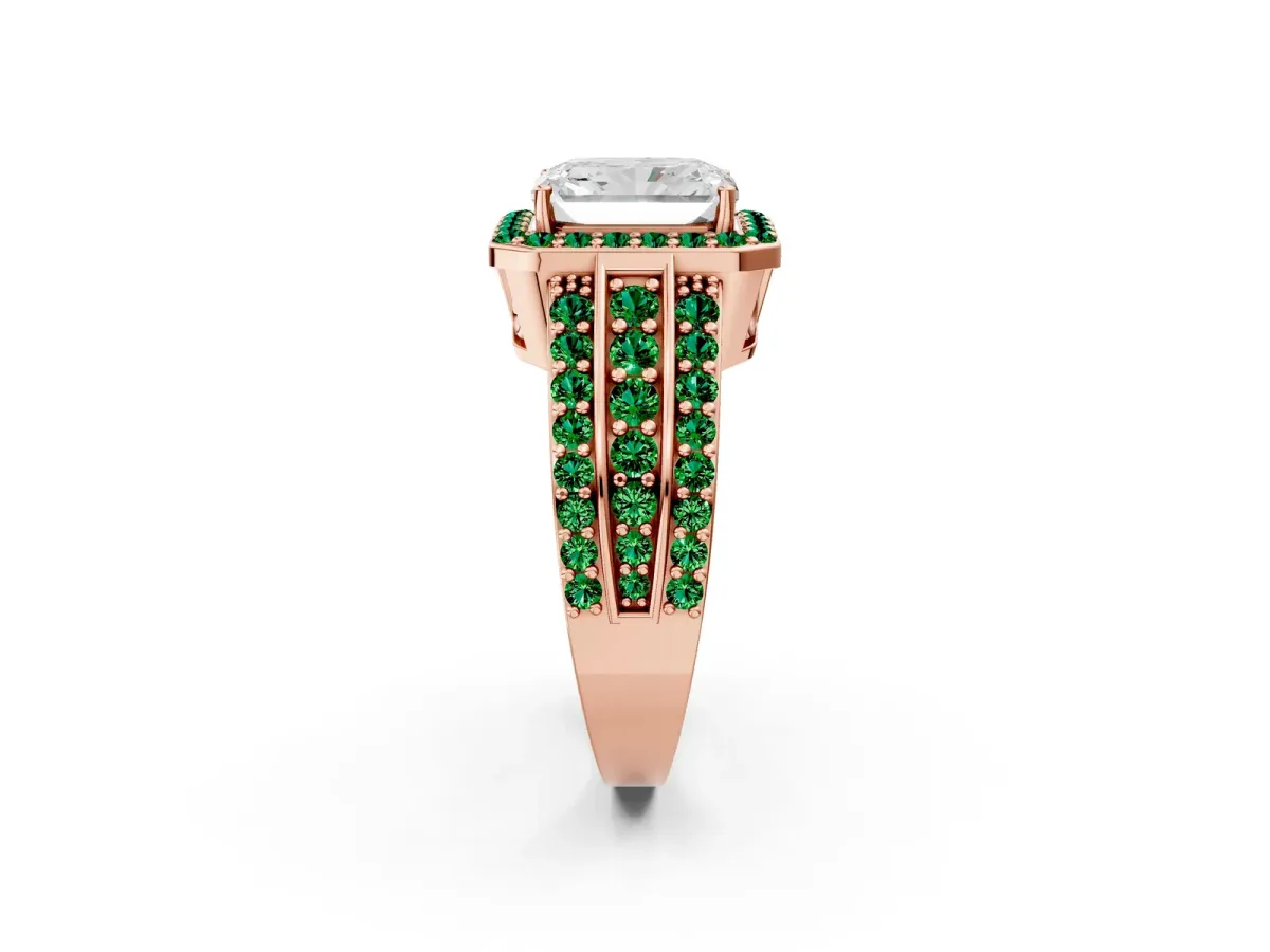 Radiant Cut Halo Diamond Ring with Round Emerald Split Shank and Prong Setting Rose gold