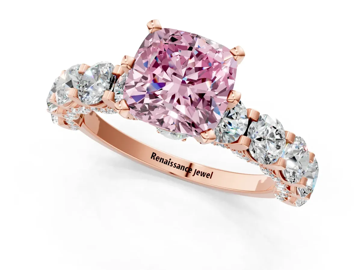 Fancy Pink Cushion Cut Diamond Side Stone Engagement Ring with Four-Prong Setting Rose gold