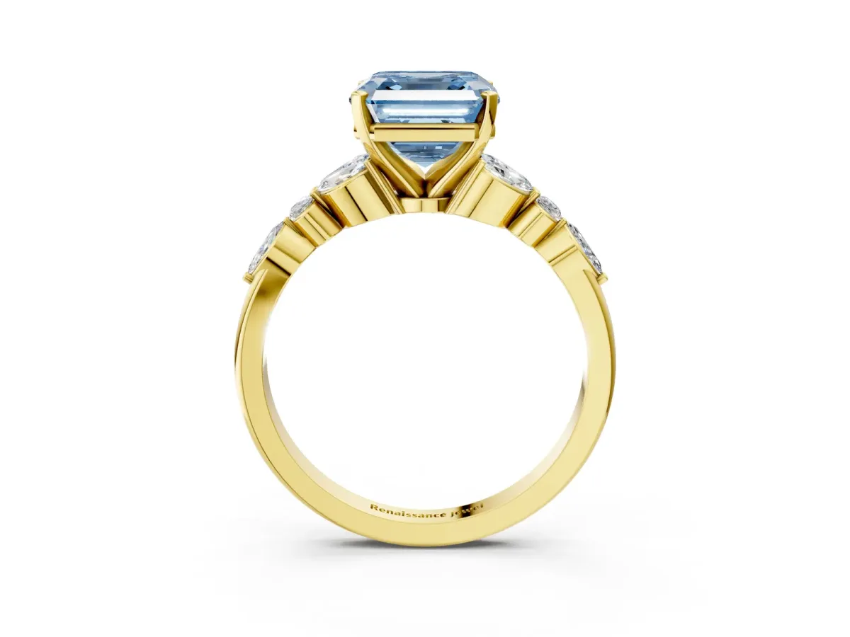 Fancy Blue Asscher Cut Diamond Solitaire Ring with Side Stones and Four-Prong Setting Yellow gold