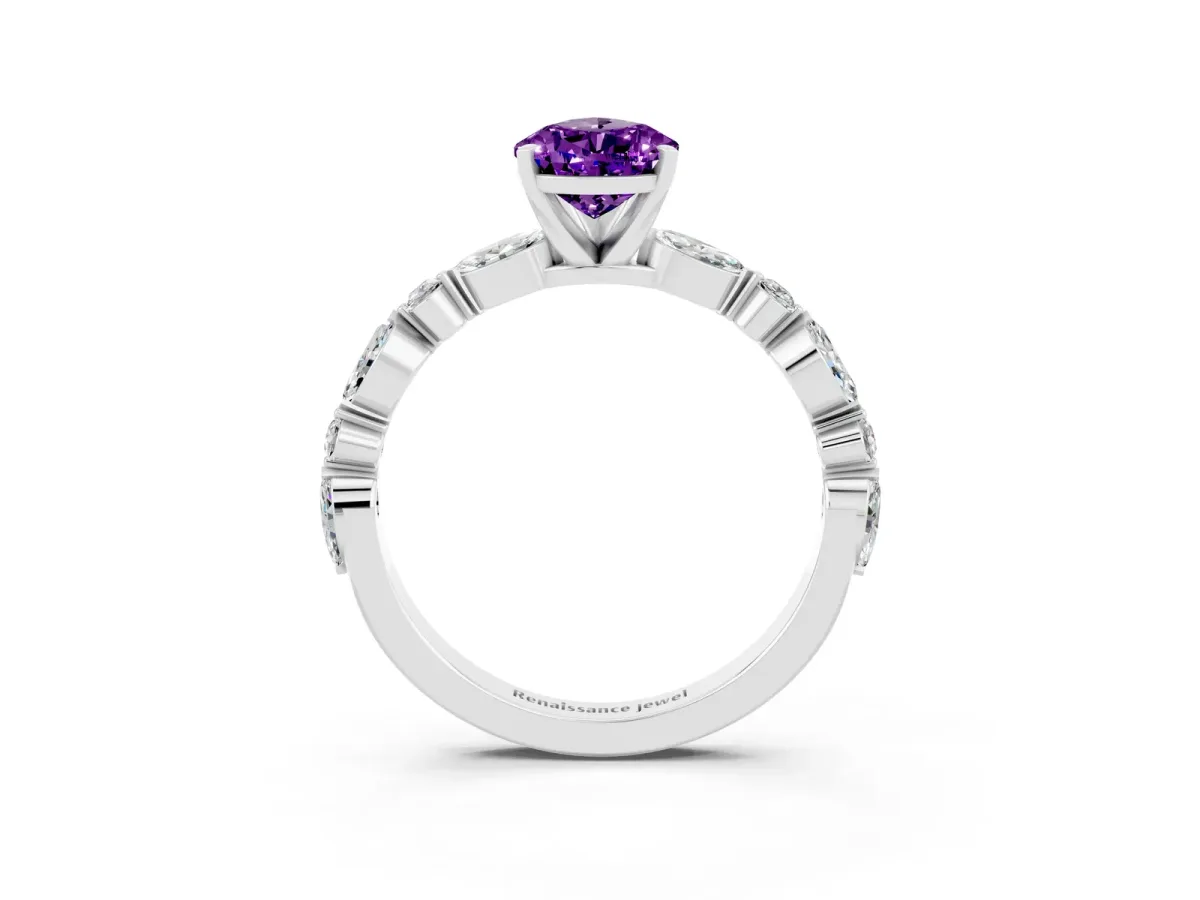 Pear Cut Amethyst Ring with Marquise and Round Side Stones and Four-Prong Setting Silver