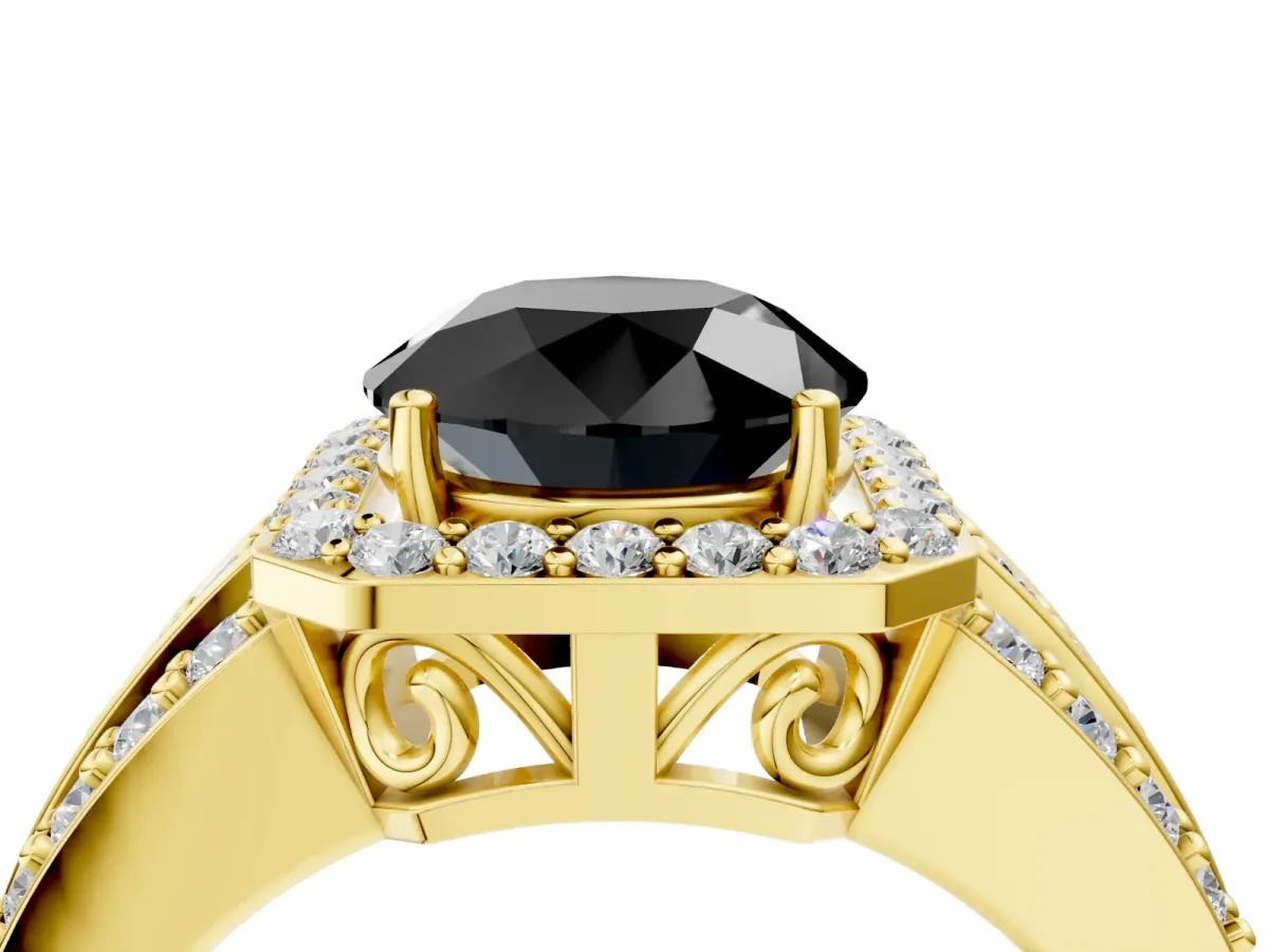 Fancy Black Round Cut Halo Diamond Ring with Round Split Shank and Prong Setting Yellow gold