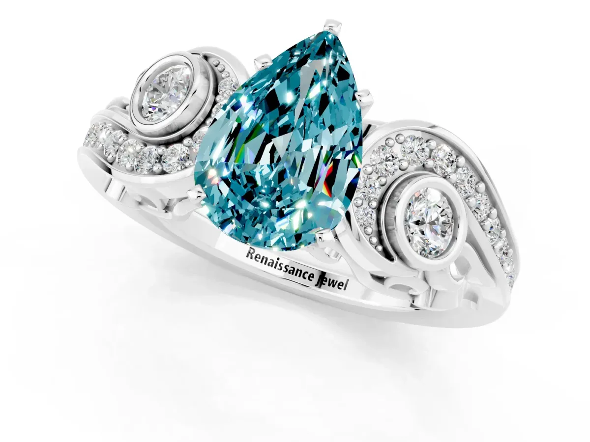 Pear Cut Blue Topaz Solitaire Ring with Milgrain Pavé Band and Four-Prong Setting Silver