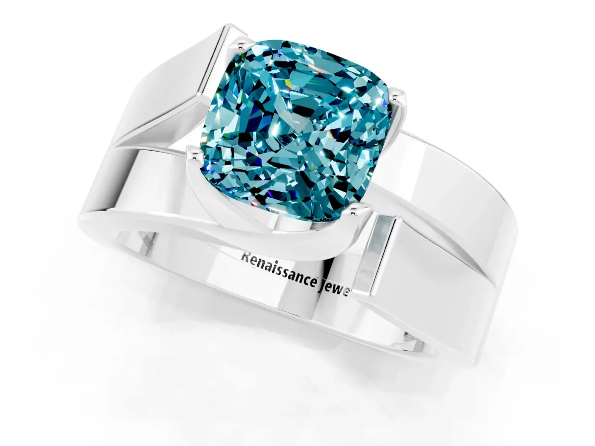 Modern Tension Set Cushion Cut Blue Topaz Solitaire Wide Band Ring Silver