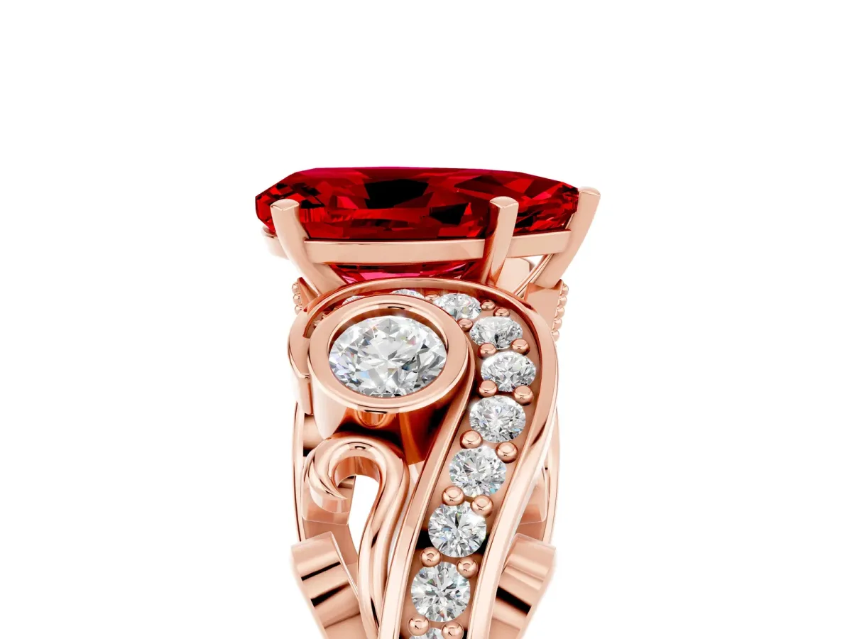 Pear Cut Ruby Solitaire Ring with Milgrain Pavé Band and Four-Prong Setting Rose gold