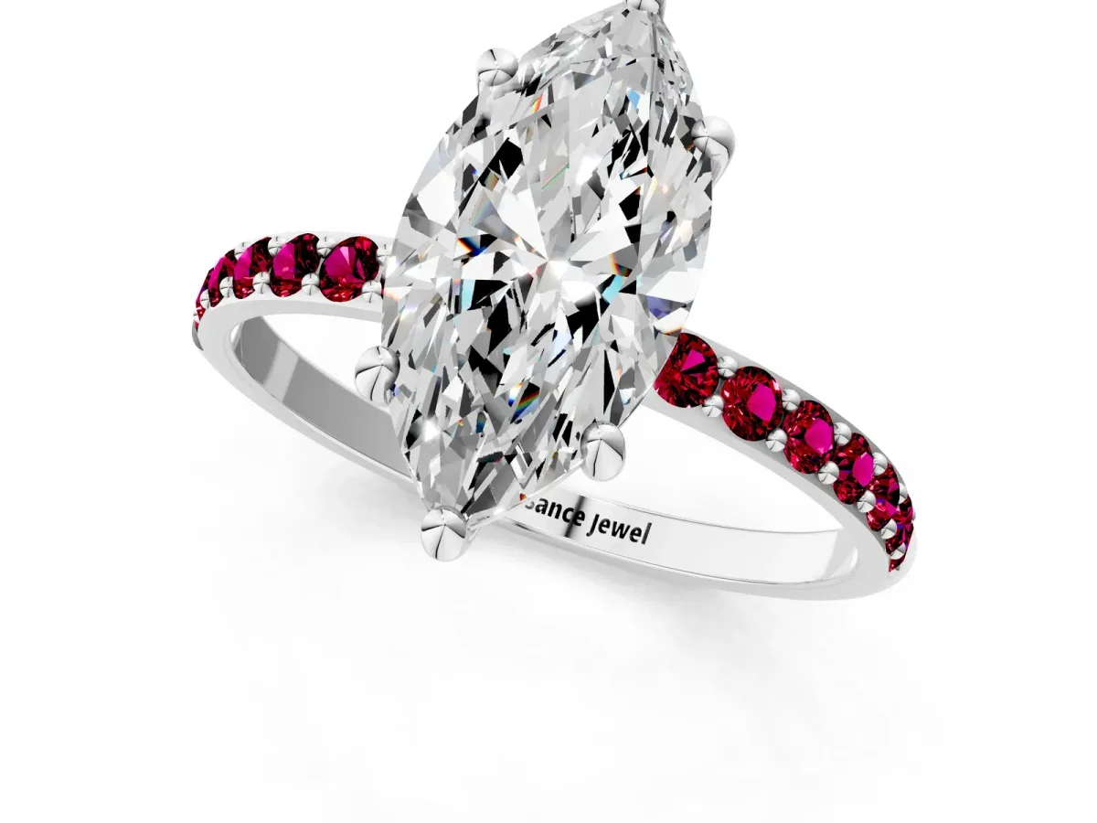 Marquise Cut Diamond Solitaire Ring with Round Garnet Pavé Band and Prong Setting Silver
