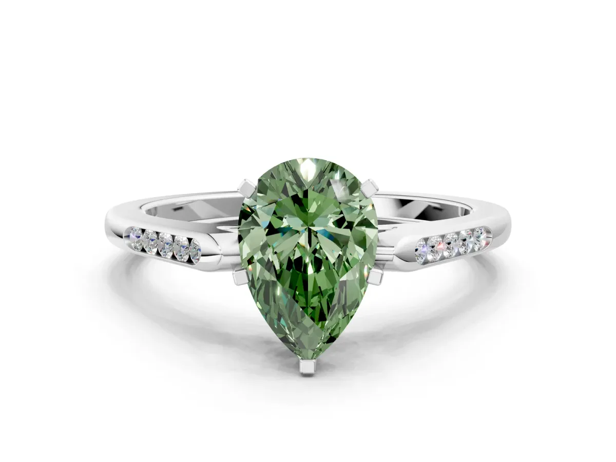 Fancy Green Pear Cut Diamond Solitaire Ring with Channel Set Round Band and Prong Setting Silver