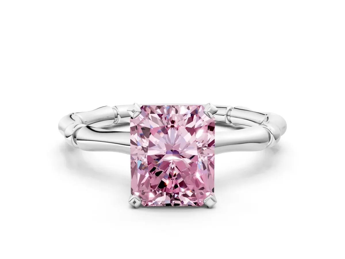 Fancy Pink Radiant Cut Solitaire Diamond Ring with Bamboo Band and Four-Prong Setting Platinum